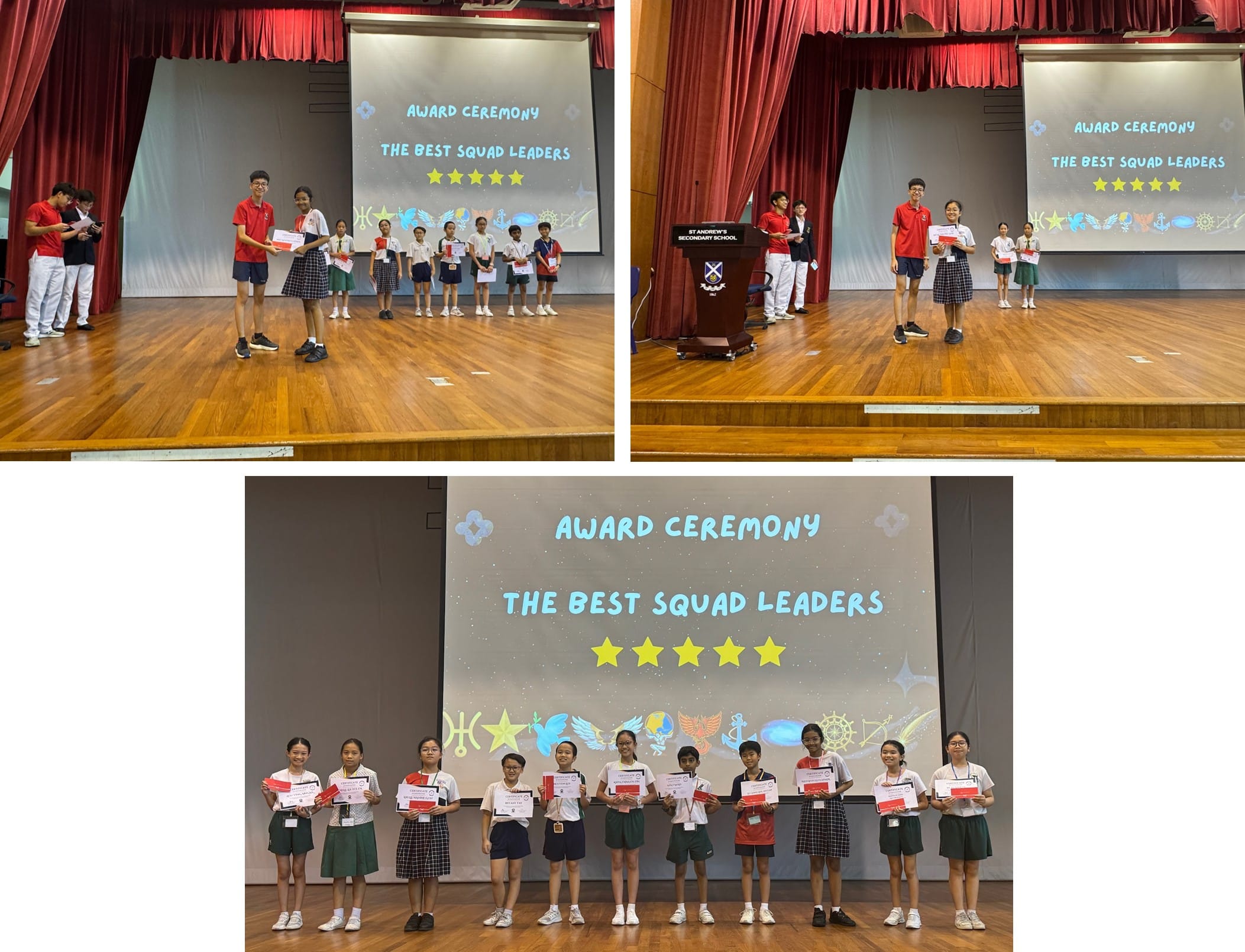 Students hold certificates on a stage in front of a screen reading Award Ceremony The Best Squad Leaders.