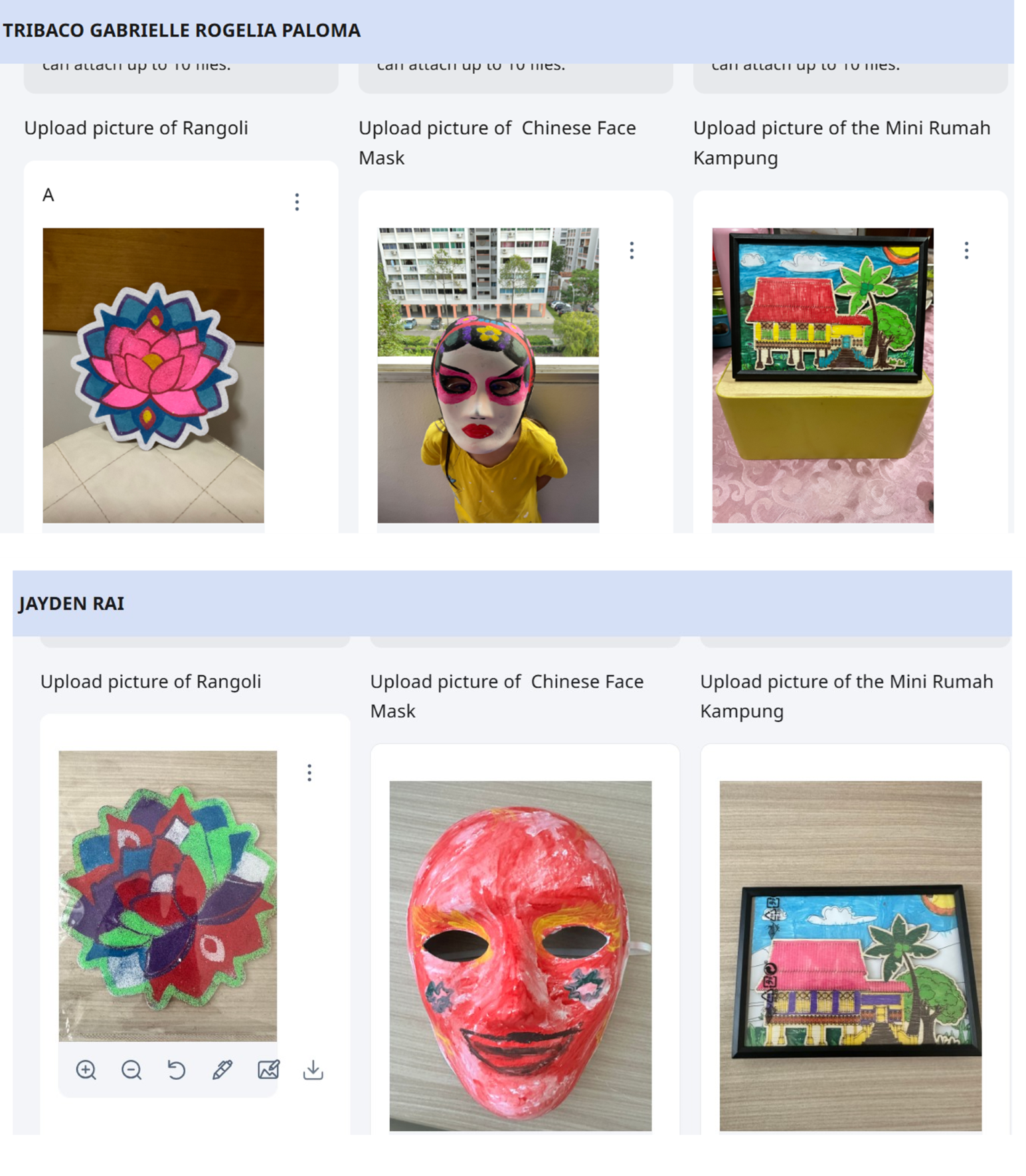 Student artwork submissions showing Rangoli, Chinese Face Mask, and Mini Rumah Kampung projects by two students.