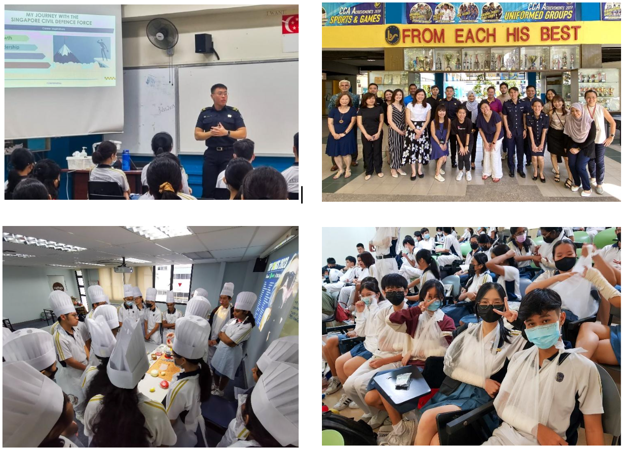 Four school scenes: officer presenting, group photo at trophy wall, students in chef hats, and masked students in an auditorium.