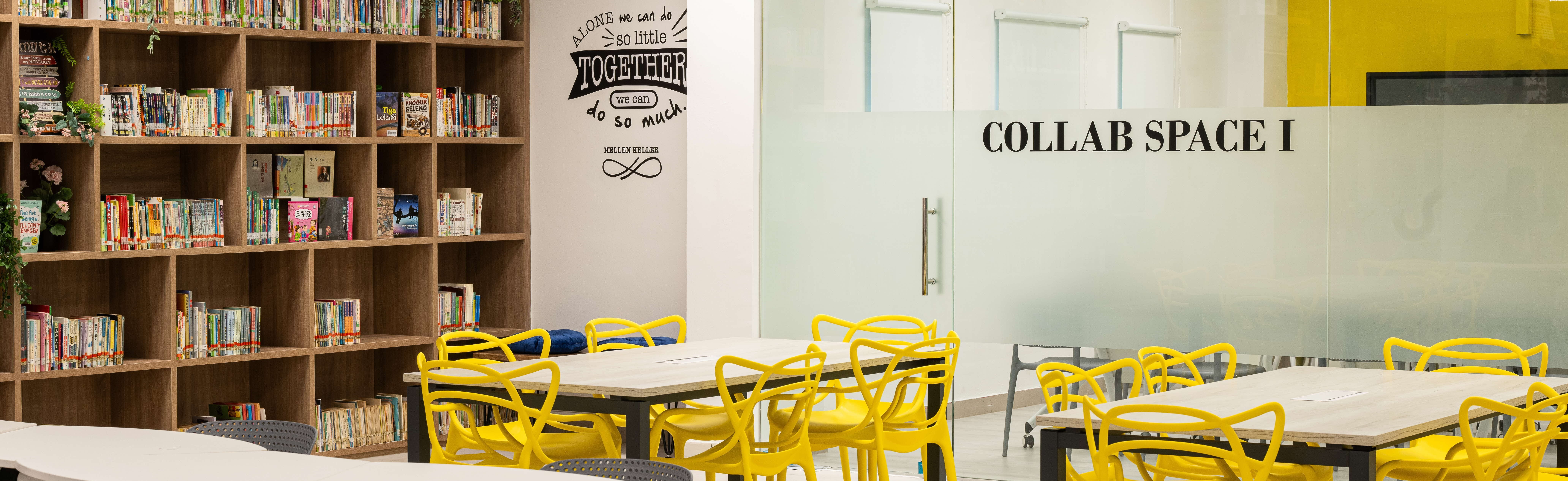 Picture of tables and a glass door reading "Collab Space"