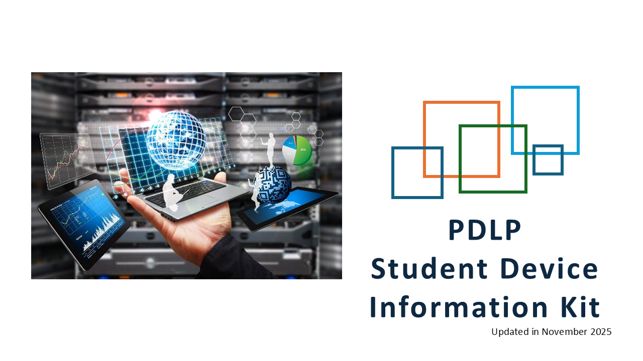 Slide titled PDLP Student Device Information Kit, updated November 2025, with a hand holding digital devices.