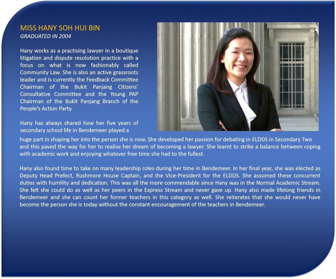 Profile card of Miss Hany Soh Hui Bin, a smiling woman in a black blazer, with her biography text on blue background.