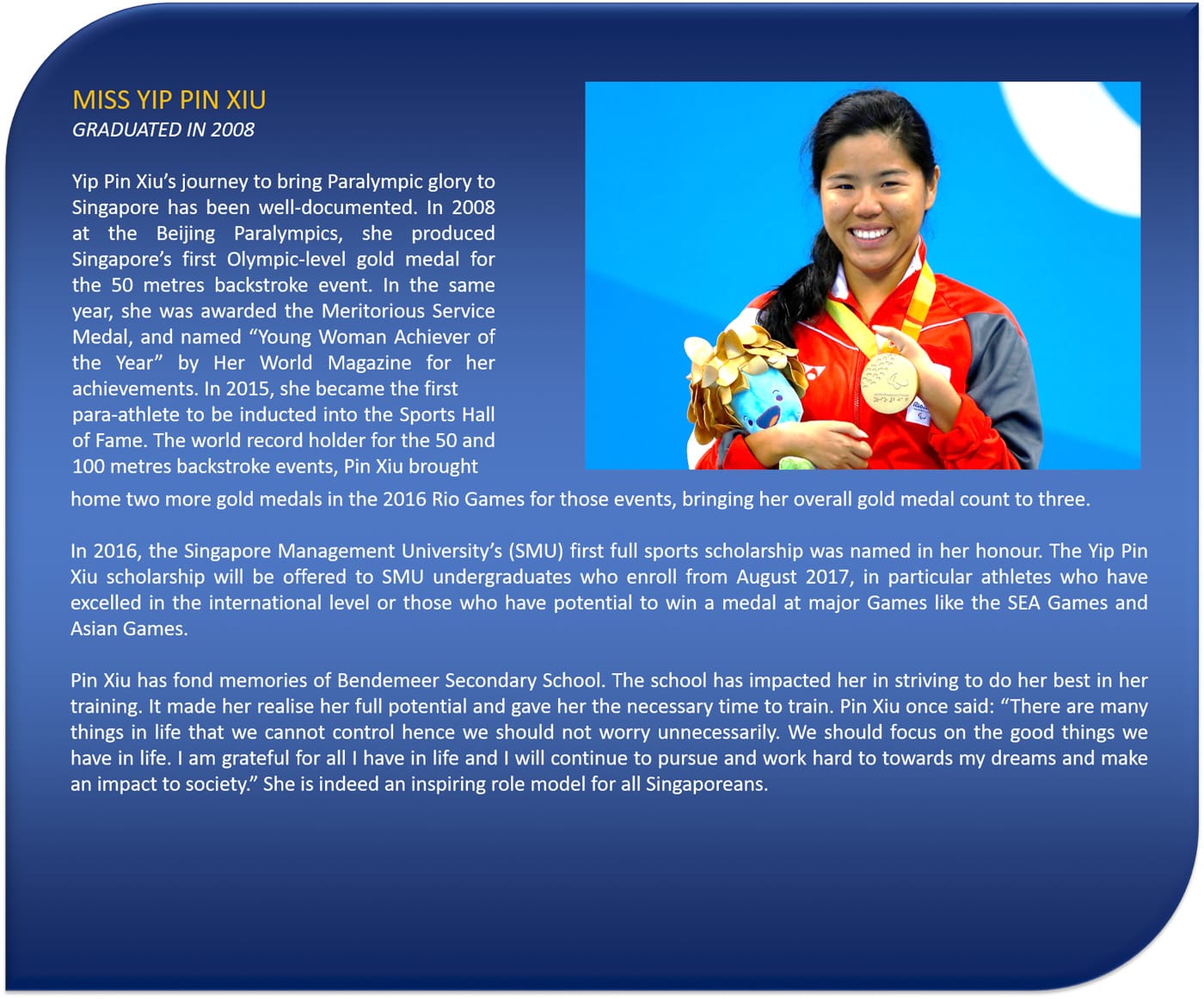 Profile of Yip Pin Xiu, Singaporean Paralympic swimmer, smiling and holding a gold medal and mascot.