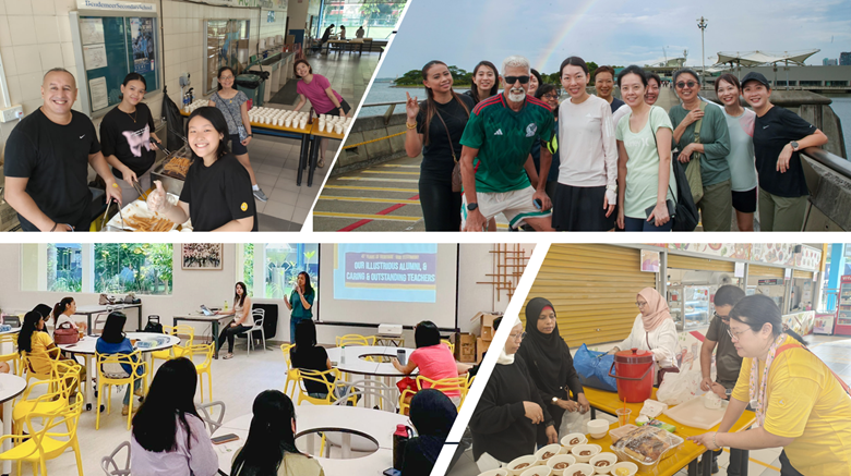 Four photos show groups of people at community events, including outdoor gatherings, a classroom presentation, and food sharing.