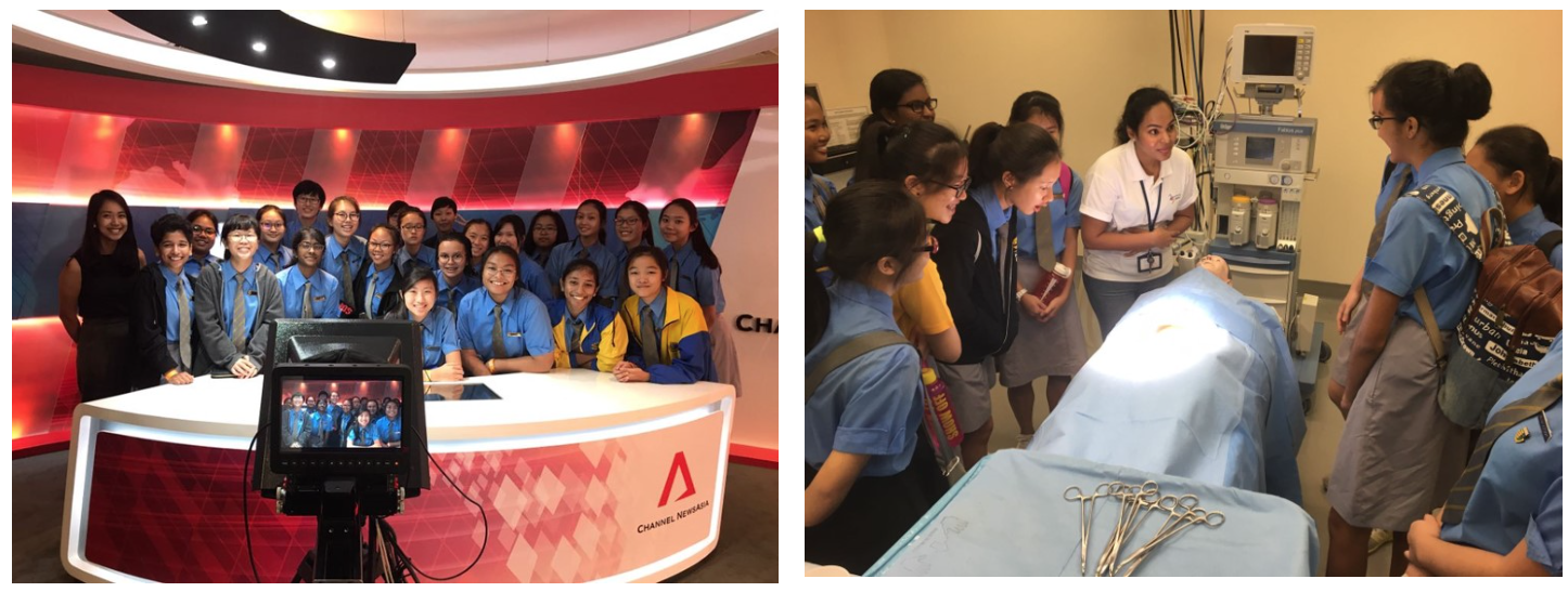 Students pose at a Channel NewsAsia studio desk; separately, students observe a medical simulation with a mannequin.