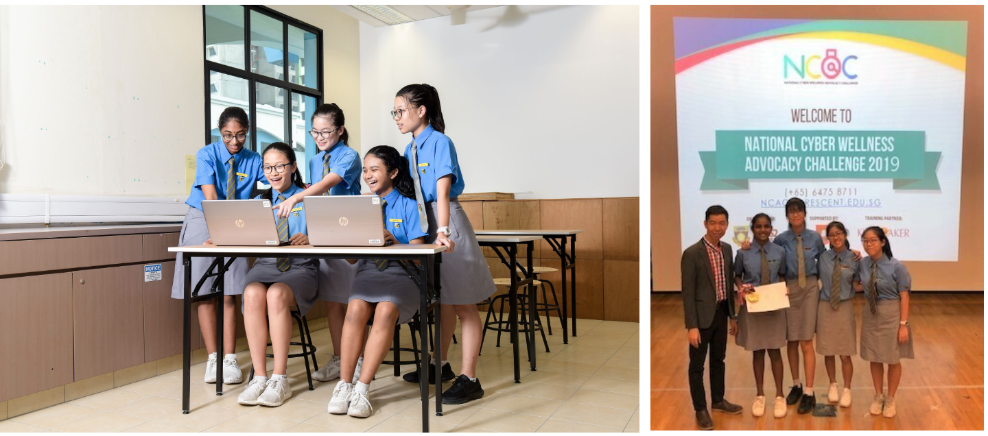 Students in blue uniforms work on laptops; right photo shows a group posing at National Cyber Wellness Advocacy Challenge 2019.