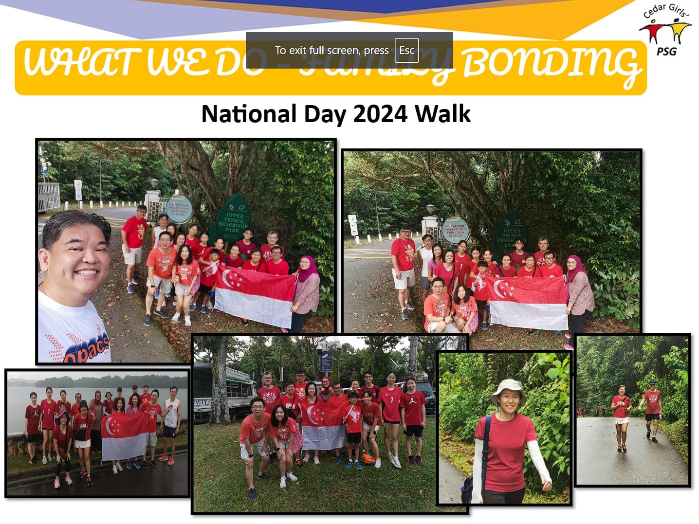 A collage of groups in red shirts holding Singapore flags at Upper Peirce Reservoir Park for National Day 2024 Walk.