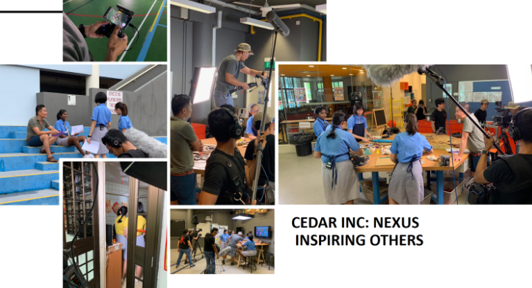 A collage of film crew and students in various indoor settings, with text reading Cedar Inc: Nexus Inspiring Others.