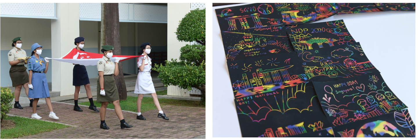 Five masked uniformed students carry Singapore's flag outdoors; beside it, black paper with colorful scratch-art NDP 2020 drawings.