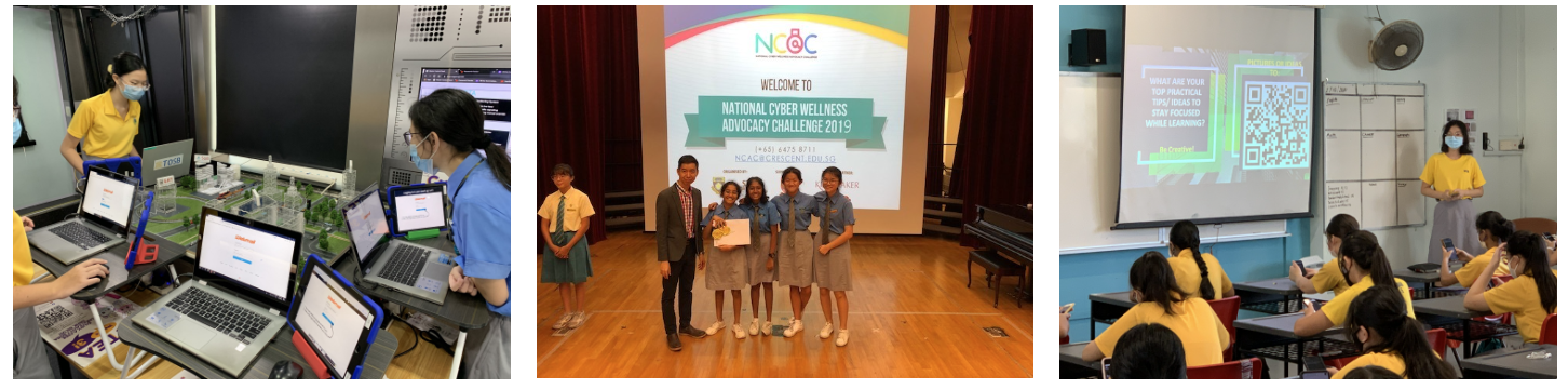 Three school scenes: students at laptops, a group posing at National Cyber Wellness Advocacy Challenge 2019, and a classroom lesson.