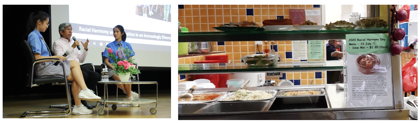 Two students and a speaker discuss Racial Harmony on stage; a canteen counter displays a 2020 Racial Harmony Day menu.