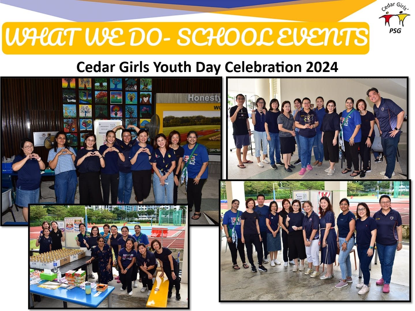 Collage of group photos from Cedar Girls Youth Day Celebration 2024, showing volunteers posing together at school.