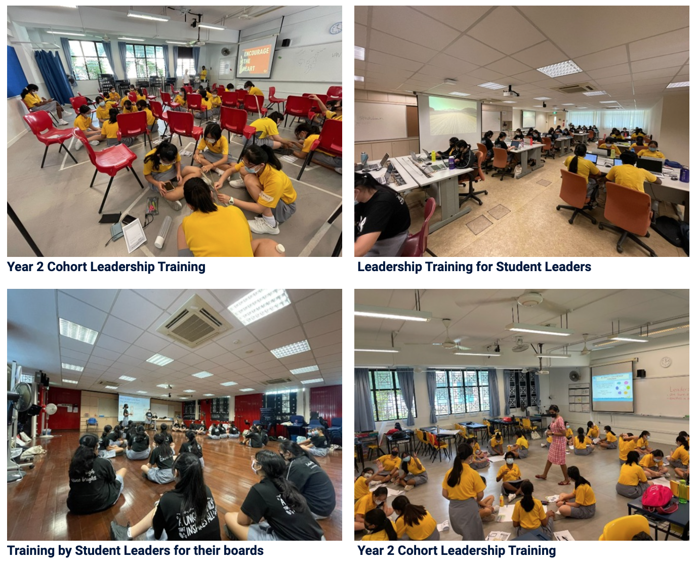 Four classroom scenes showing students in yellow uniforms participating in school leadership training sessions.