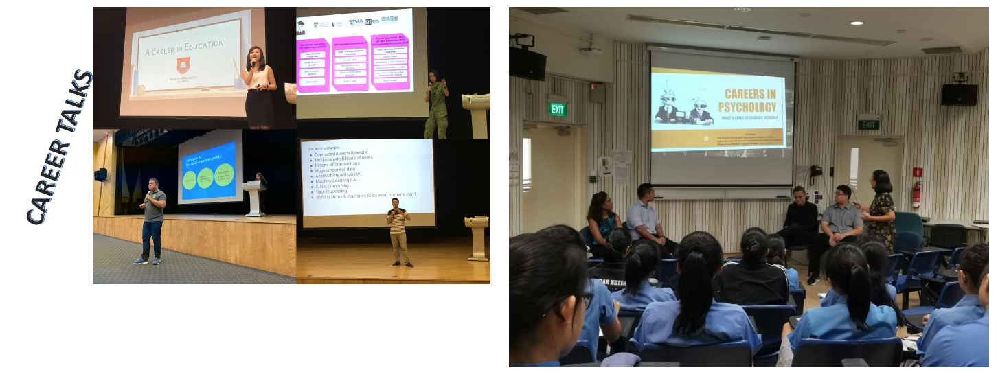 Two career talk events: speakers present on stage about education and psychology to seated student audiences.
