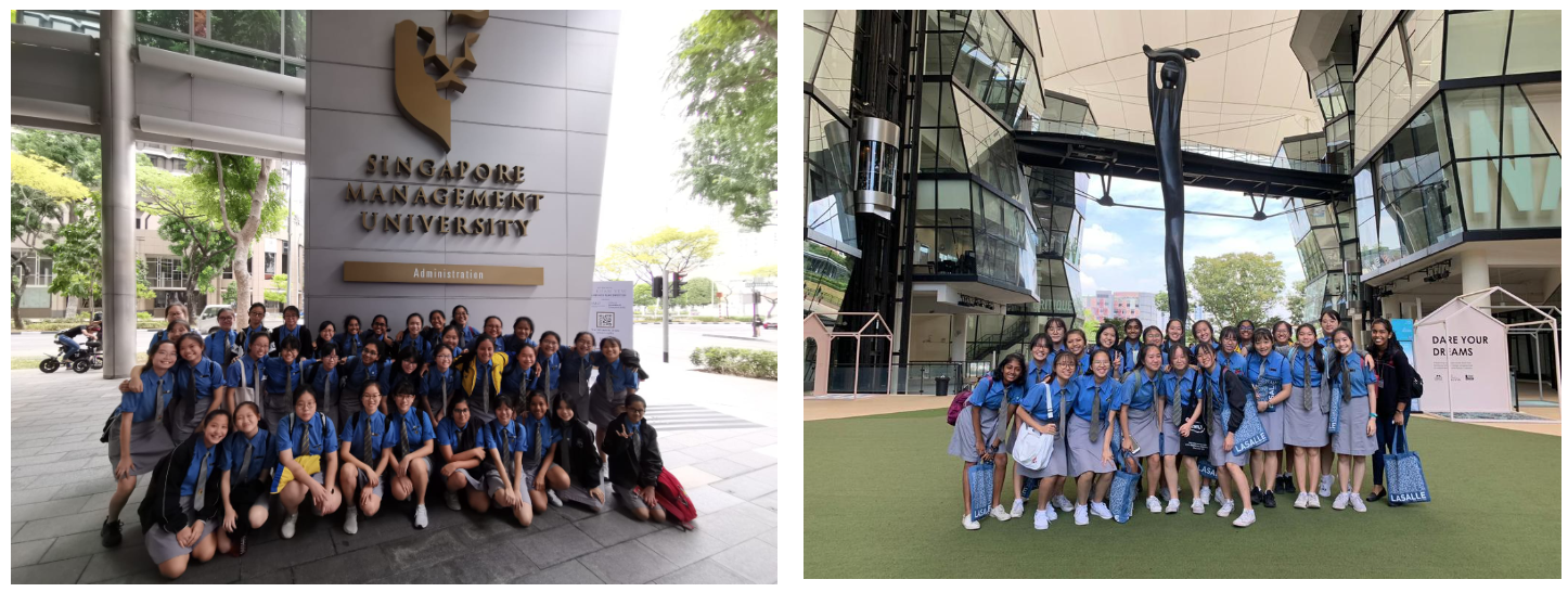 Students in blue uniforms pose at Singapore Management University and LaSalle College of the Arts.