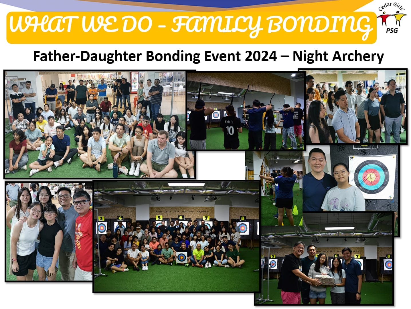 Collage of fathers and daughters at a 2024 night archery bonding event, posing and shooting at targets indoors.
