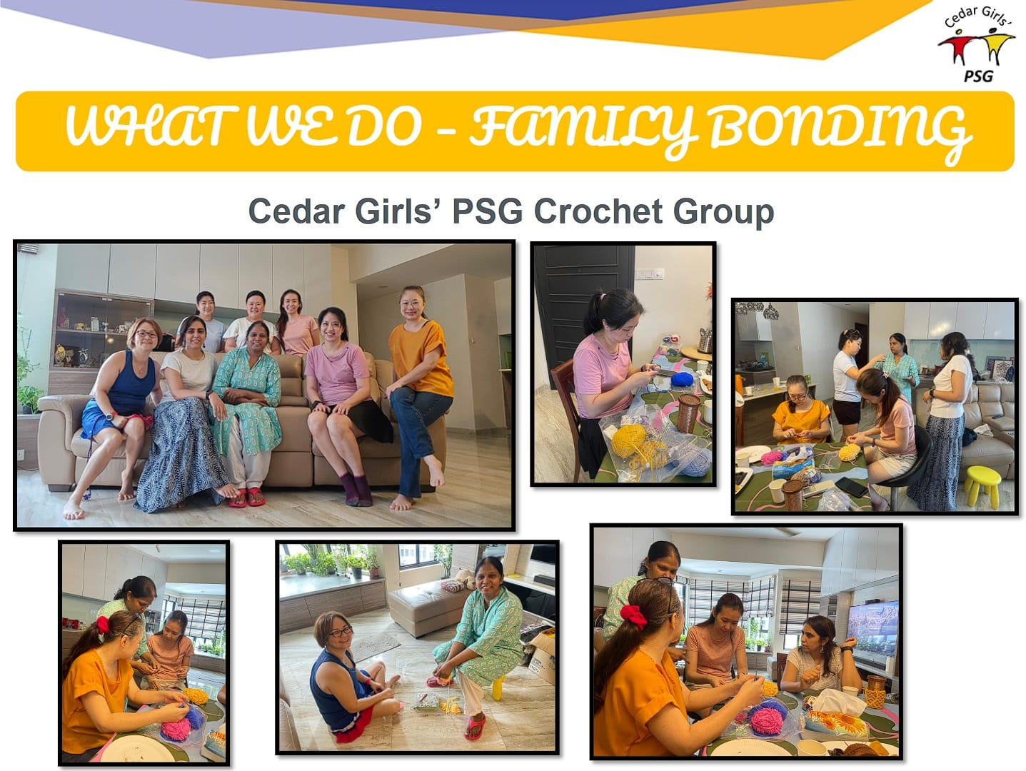 Collage of women crocheting together indoors, with a group photo and close-ups of hands working with colorful yarn.