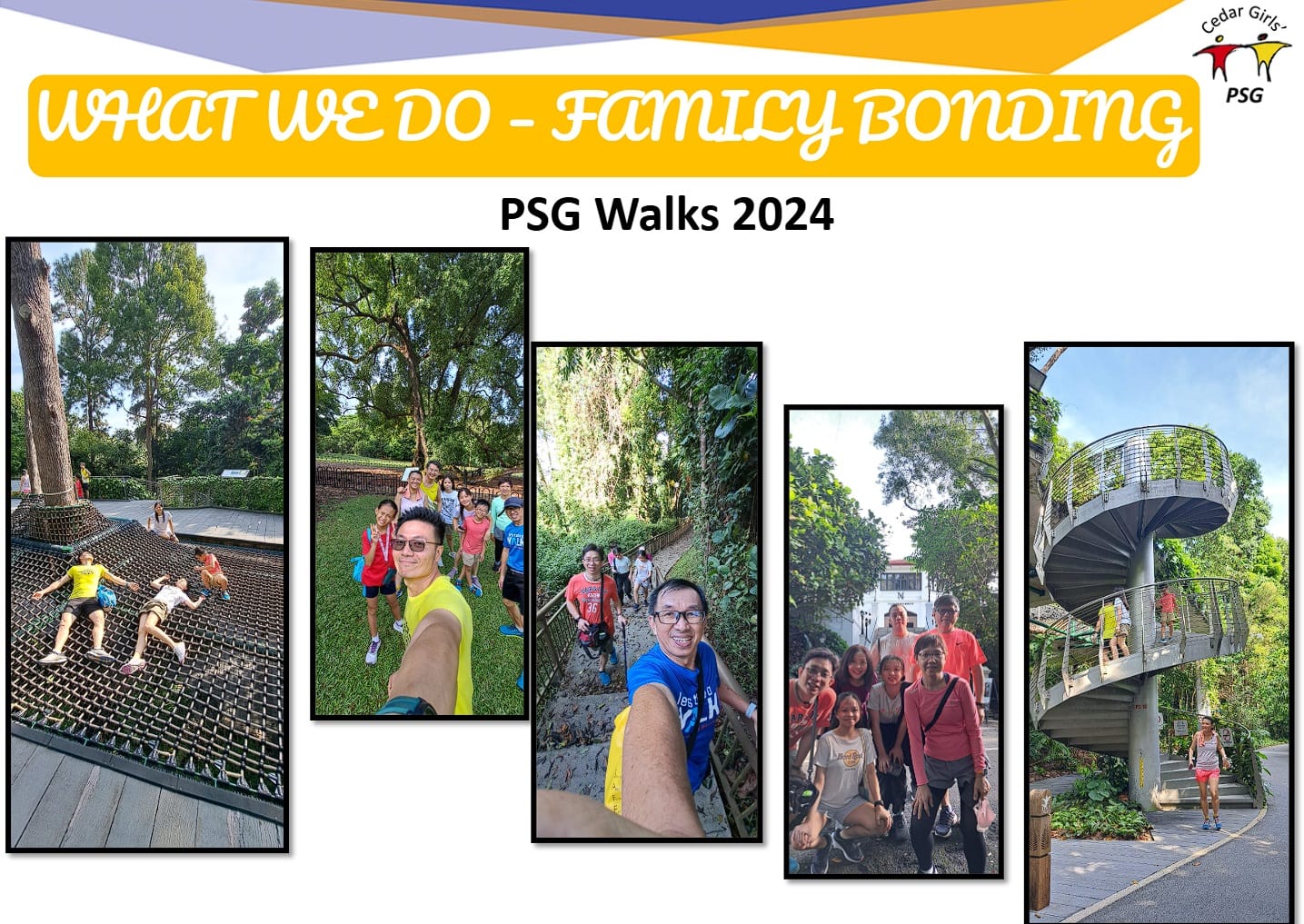 Cedar Girls PSG Walks 2024 family bonding collage showing groups of people hiking and posing outdoors near trees and a spiral tower.