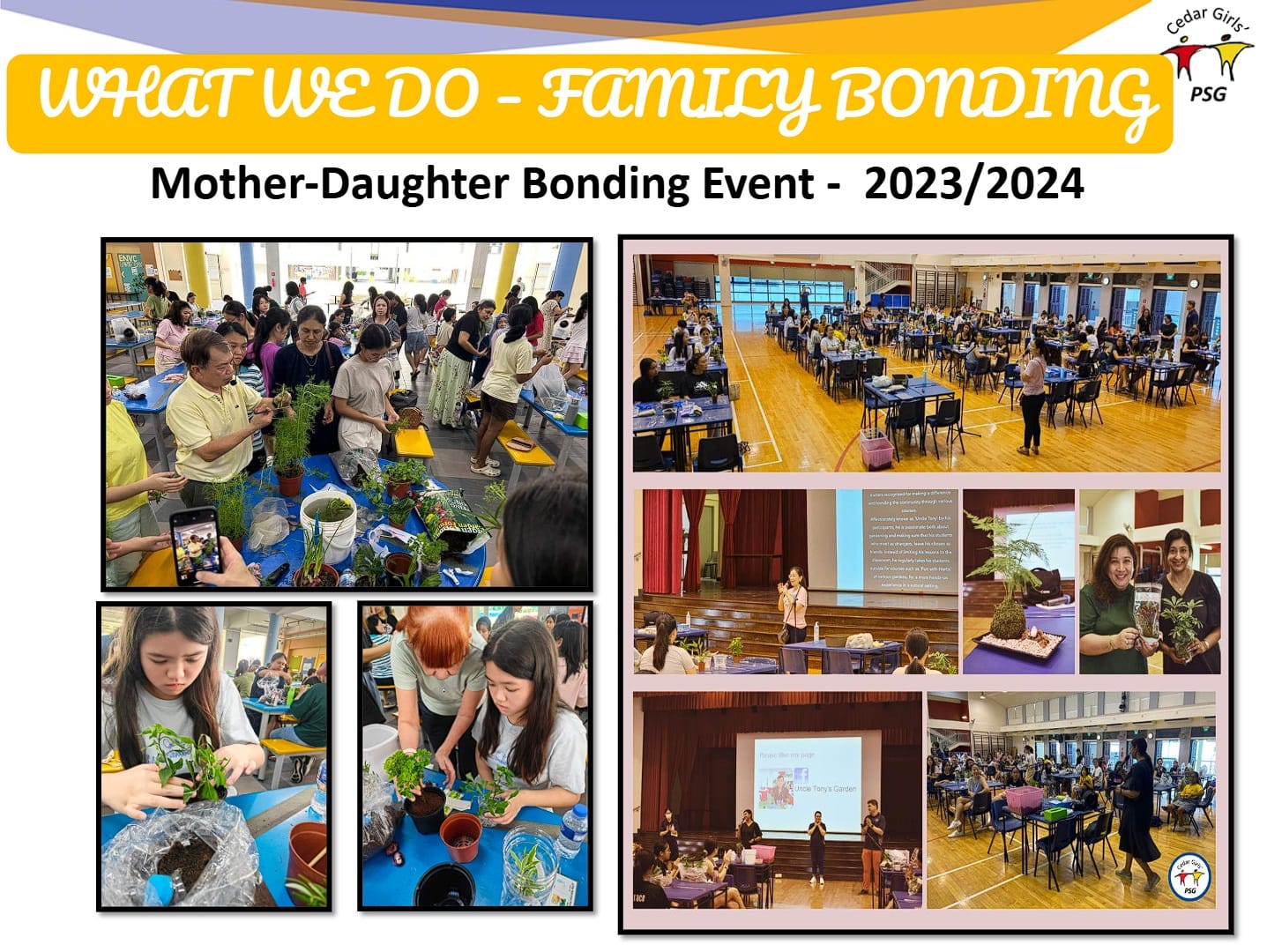 Collage of mothers and daughters potting plants and attending a presentation at a 2023/2024 bonding event.
