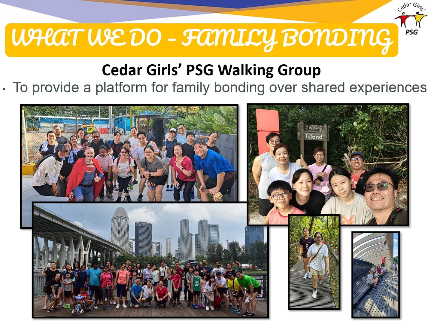 Flyer showing Cedar Girls PSG Walking Group photos of families posing outdoors at various Singapore locations.