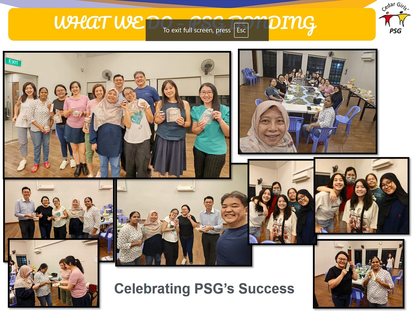 Collage of group photos showing Cedar Girls PSG members smiling at a bonding event, with text "Celebrating PSG's Success."