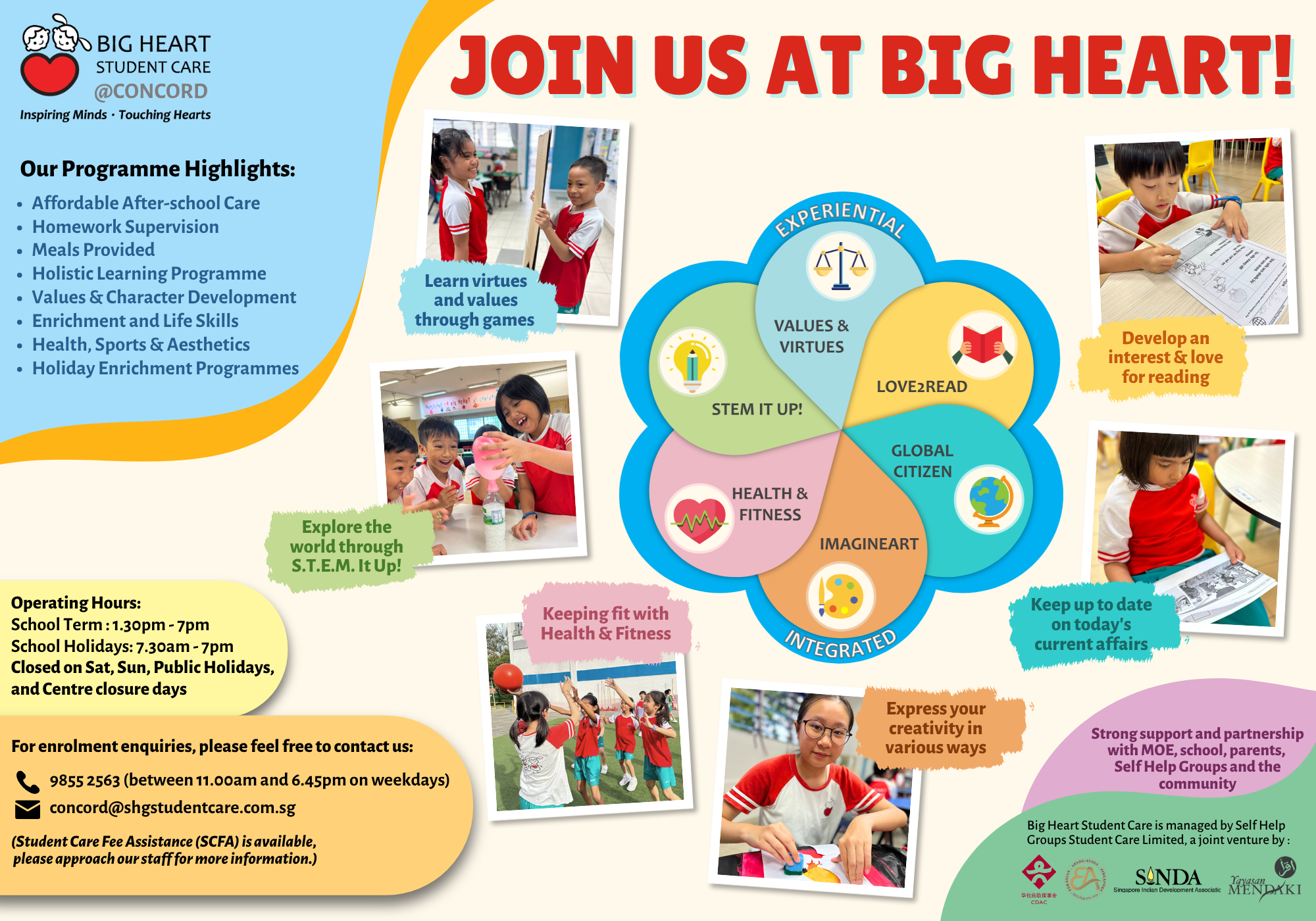 Flyer for Big Heart Student Care at Concord showing program highlights, a flower diagram of activities, and photos of children learning.
