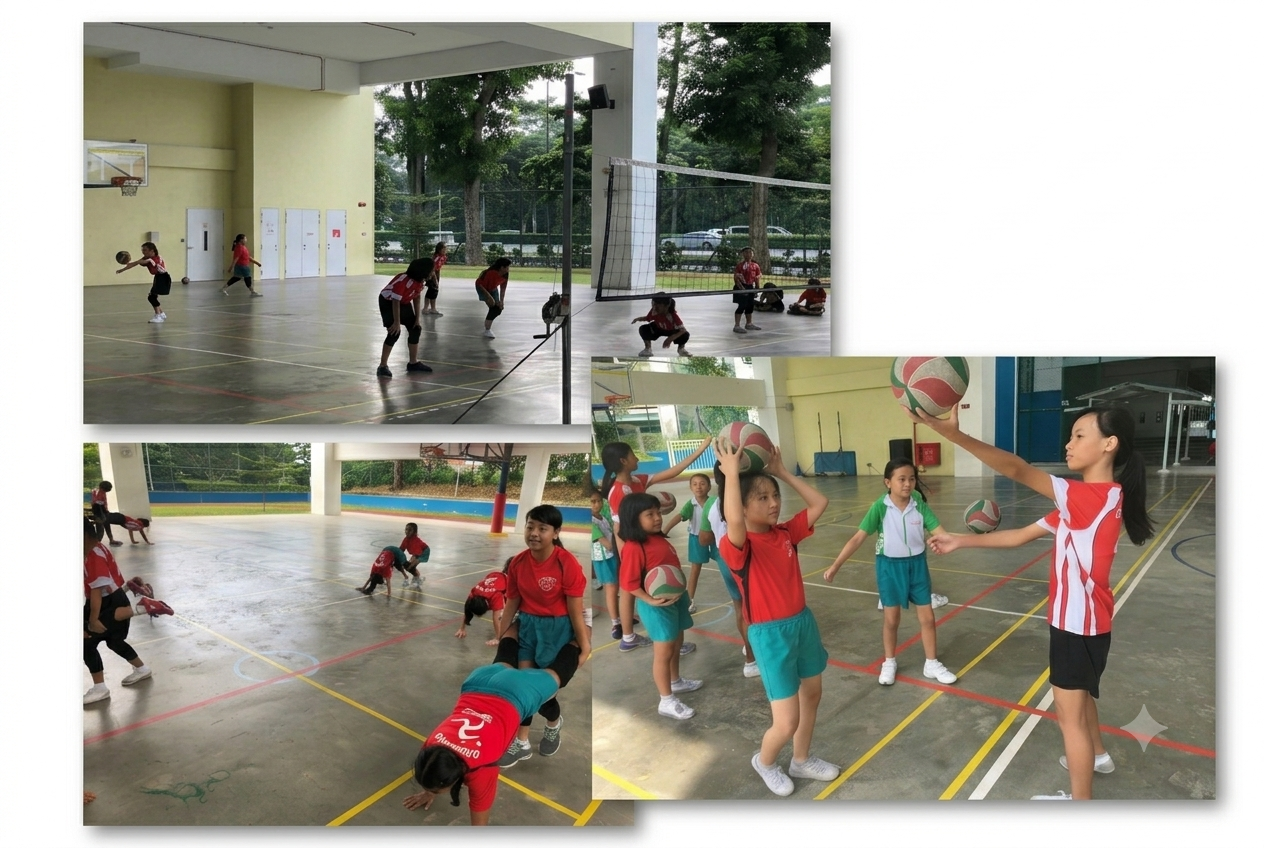 Add your alt tConcord's Volleyball CCA in action, showcasing students during a match, warm-up exercises, and skill training sessions guided by a senior player.ext here