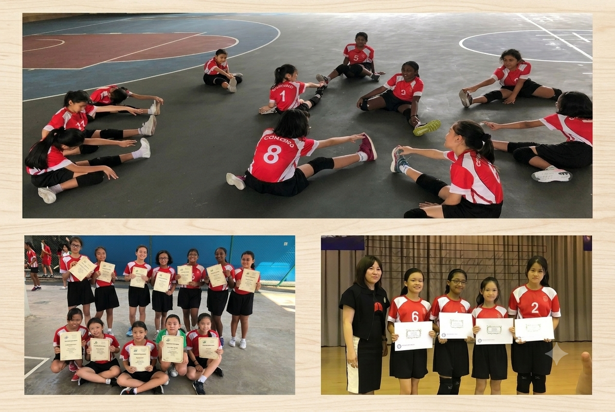 Concord's Volleyball team stretching together during warm-up, and proudly displaying their certificates of achievement at two separate award ceremonies.