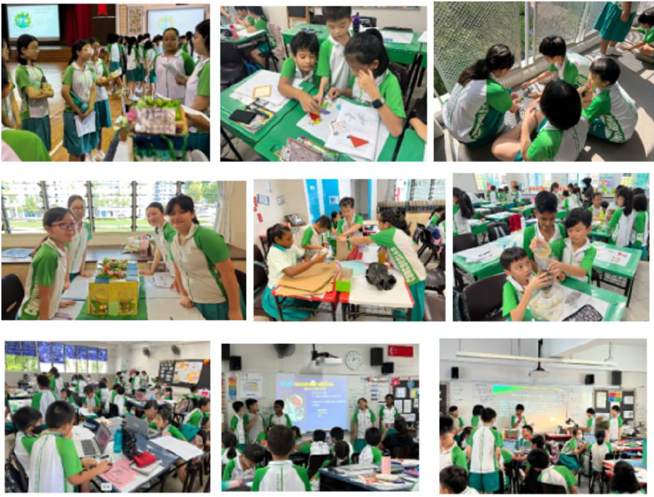 Nine photos of students in green uniforms doing classroom activities, working on projects, and presenting displays.