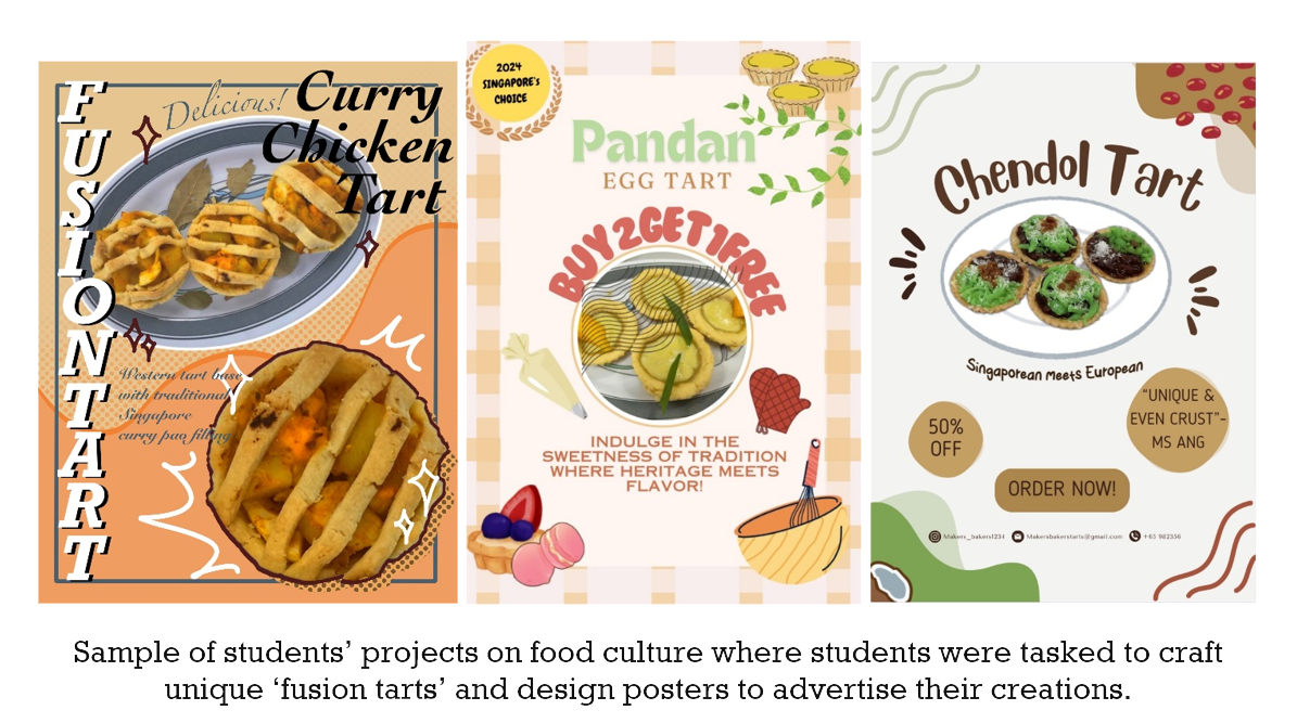 Three student-made food posters advertising fusion tarts: Curry Chicken Tart, Pandan Egg Tart, and Chendol Tart.