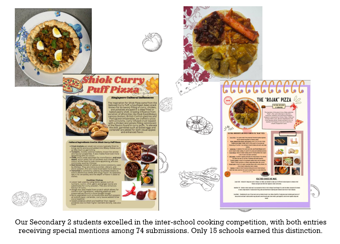 Two student cooking project posters for Shiok Curry Puff Pizza and The Rojak Pizza, with food photos.
