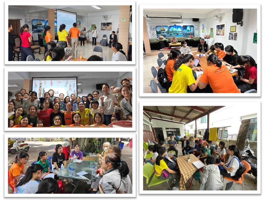 Five photos showing groups of young people participating in workshops, discussions, and a group photo at various indoor and outdoor settings.