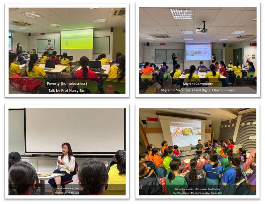Four classroom scenes show students attending talks on poverty, migrant community, youth action, and Peranakan food culture.