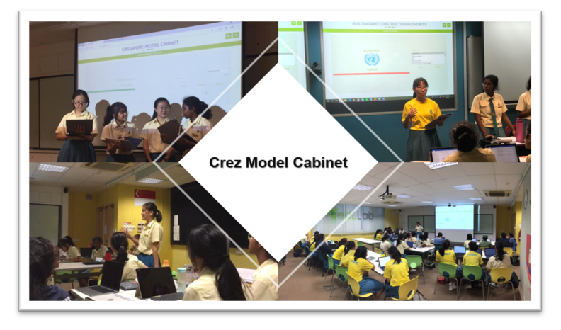 Four photos of students in uniforms presenting and working in classrooms, labeled "Crez Model Cabinet."