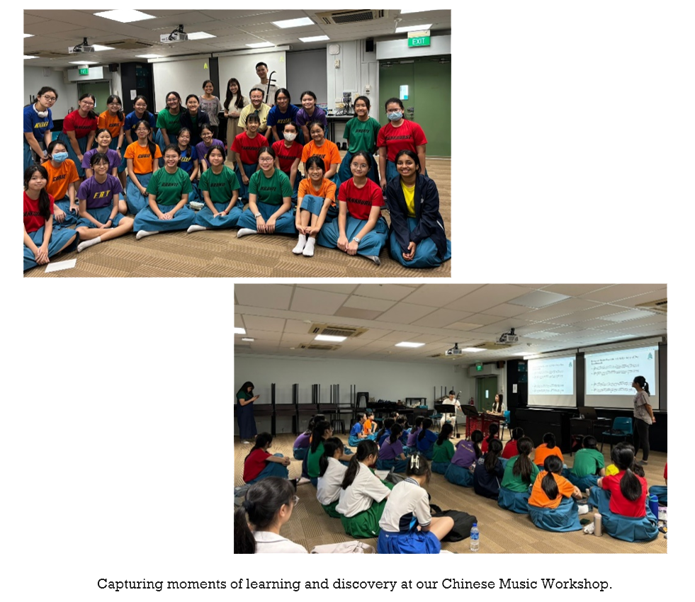 Two photos of students at a Chinese Music Workshop, one a group pose and one seated facing a projected screen.