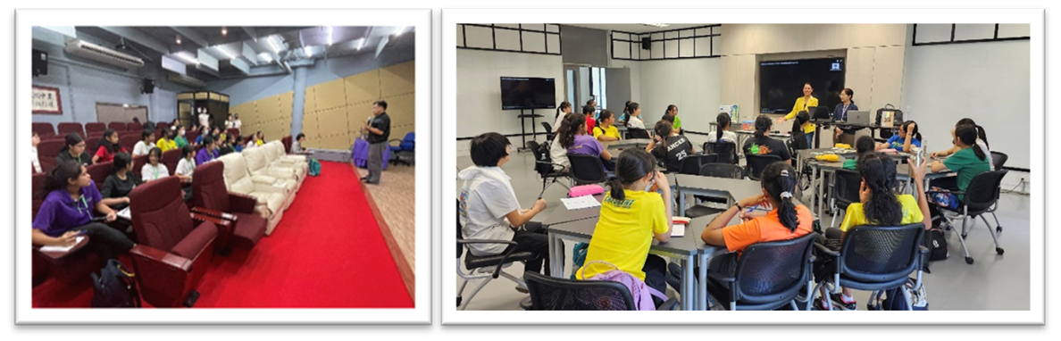 Two scenes: students in a red-carpeted auditorium and a classroom with a presenter at a screen.