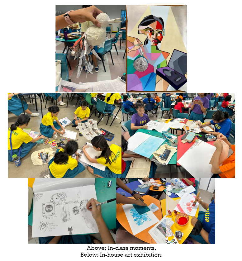 Students in yellow uniforms work on art projects including a cubist portrait, paper sculpture, sketching, and painting.