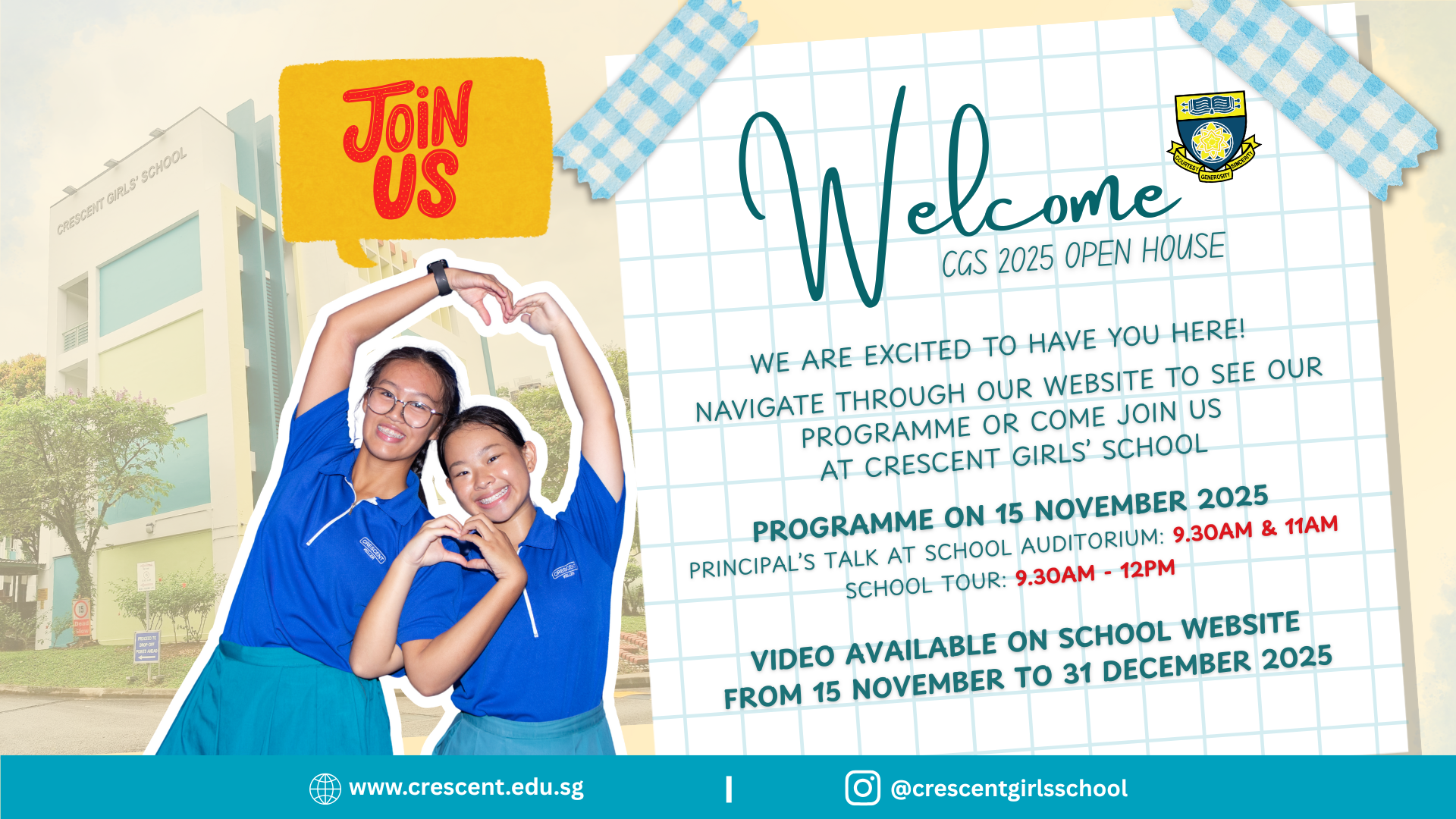 Two smiling girls in blue uniforms pose beside CGS 2025 Open House event details for 15 November 2025.