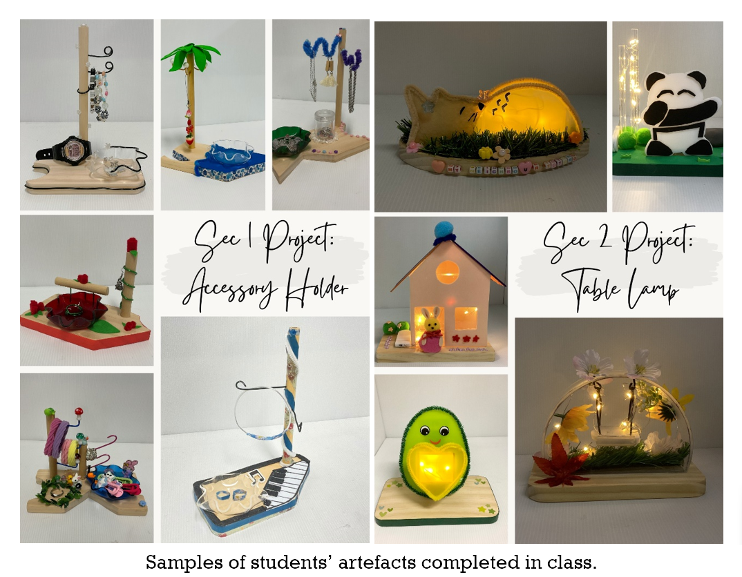 Collage of student craft projects: accessory holders and glowing table lamps in creative animal and house designs.