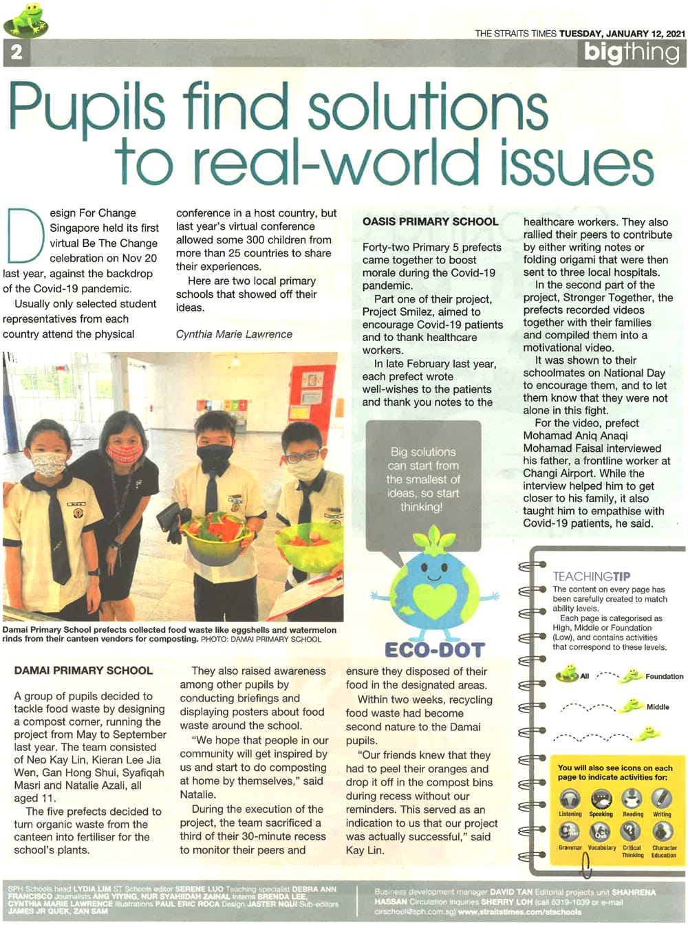 Straits Times newspaper page titled "Pupils find solutions to real-world issues" with text and a photo of masked students.