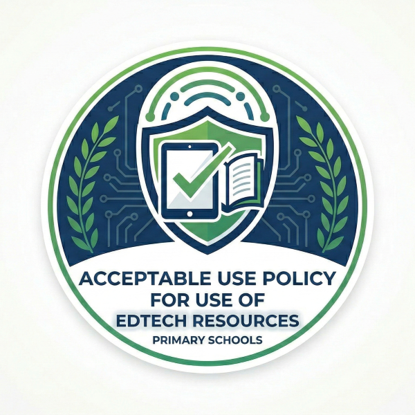 Round badge with a shield, tablet, and book, reading Acceptable Use Policy for EdTech Resources, Primary Schools.