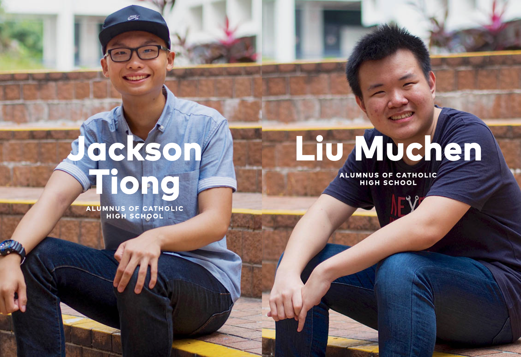 Two smiling young men, Jackson Tiong and Liu Muchen, sit on outdoor steps, labeled as Catholic High School alumni.