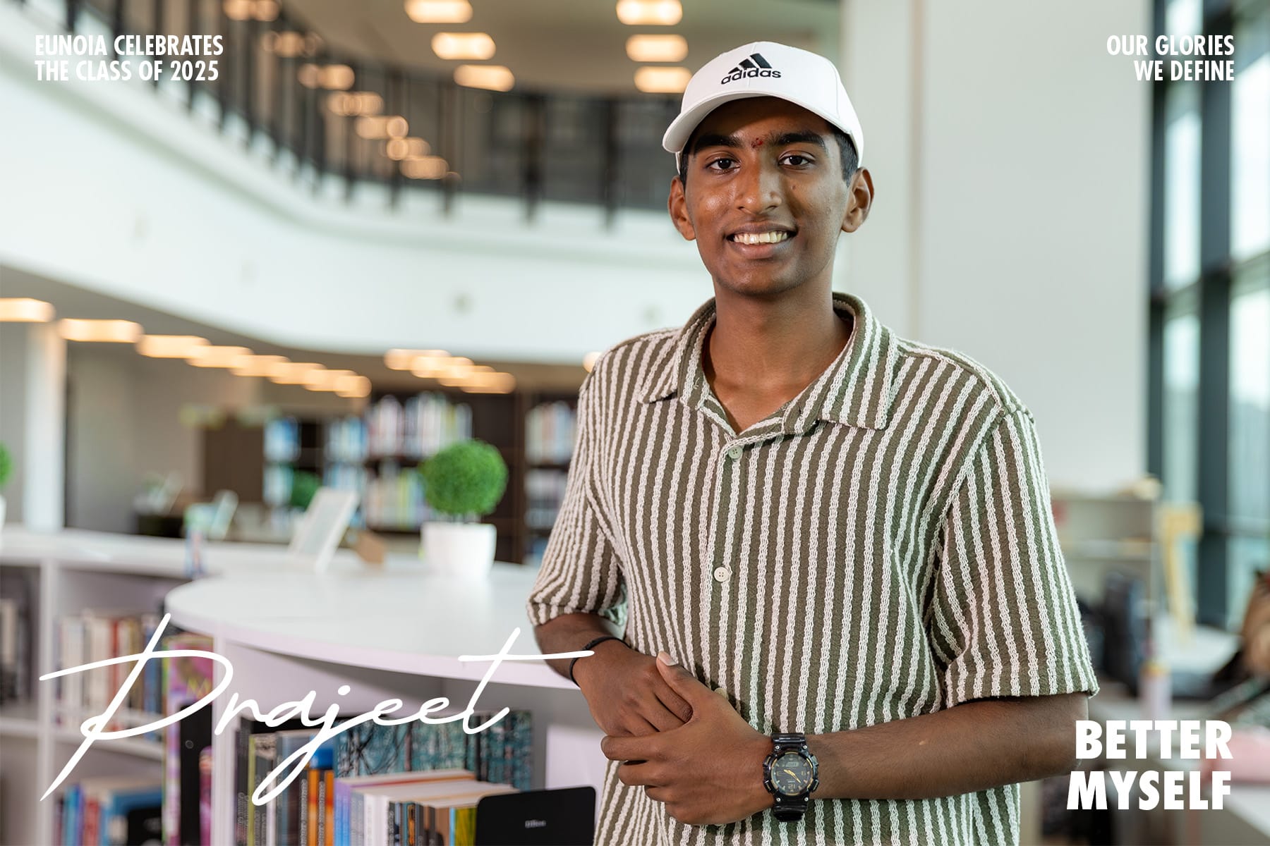 Smiling young man in a white Adidas cap and striped shirt standing in a library, with text reading "Better Myself."
