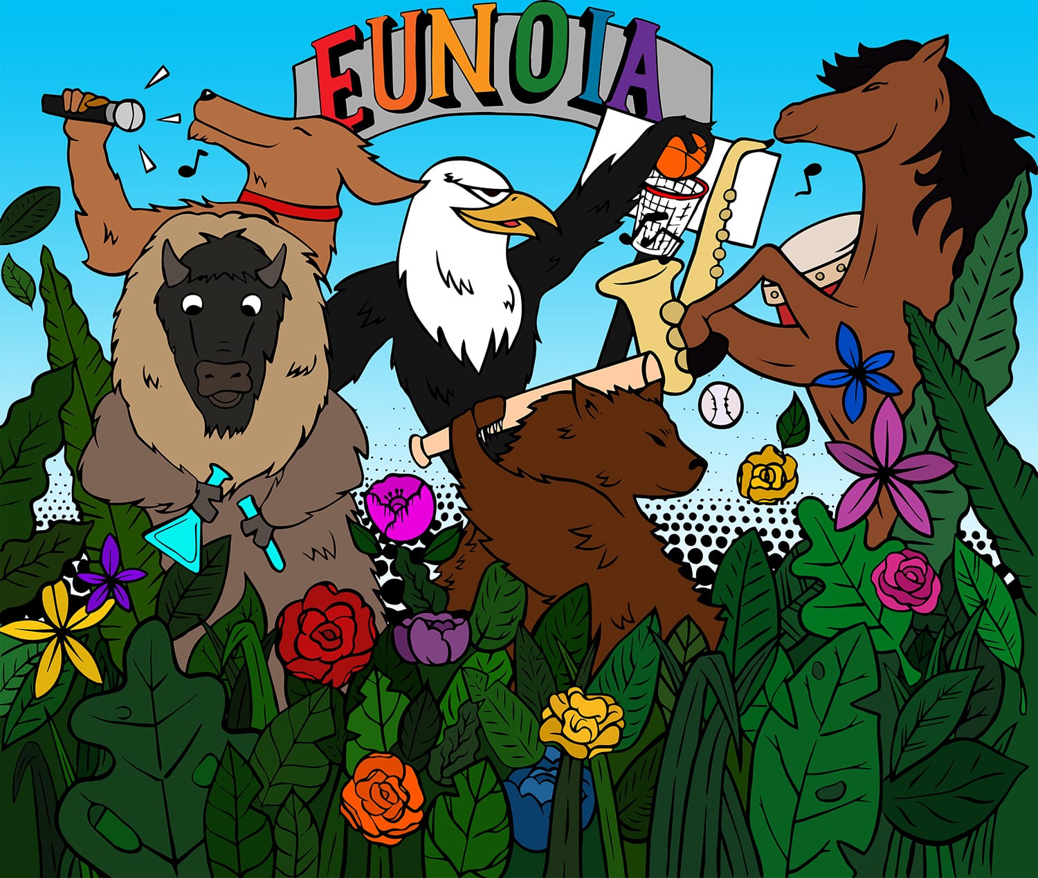 Colorful cartoon of animals including a bison, eagle, bear, and horse among flowers under a rainbow "EUNOIA" banner.