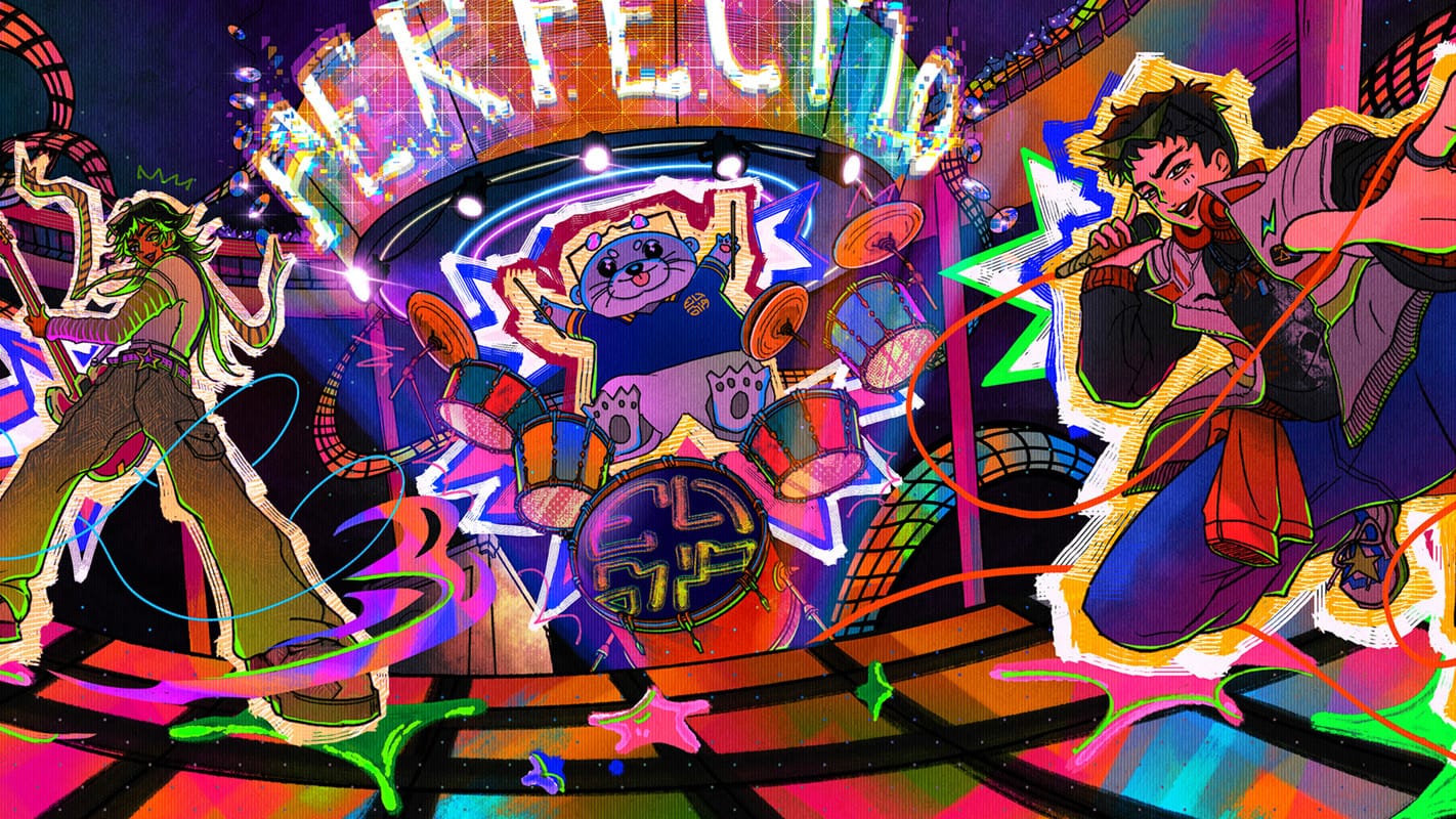 Colorful anime-style band on a neon stage with a cartoon cat drummer and two human performers singing and playing guitar.