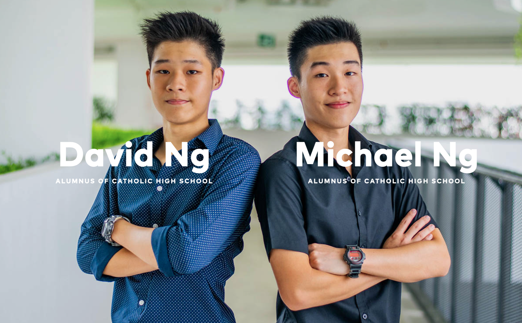 Two young men, David Ng and Michael Ng, both Catholic High School alumni, stand with arms crossed.