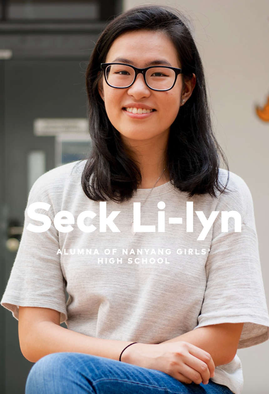 Young woman named Seck Li-lyn, alumna of Nanyang Girls' High School, smiling and wearing glasses and a grey t-shirt.
