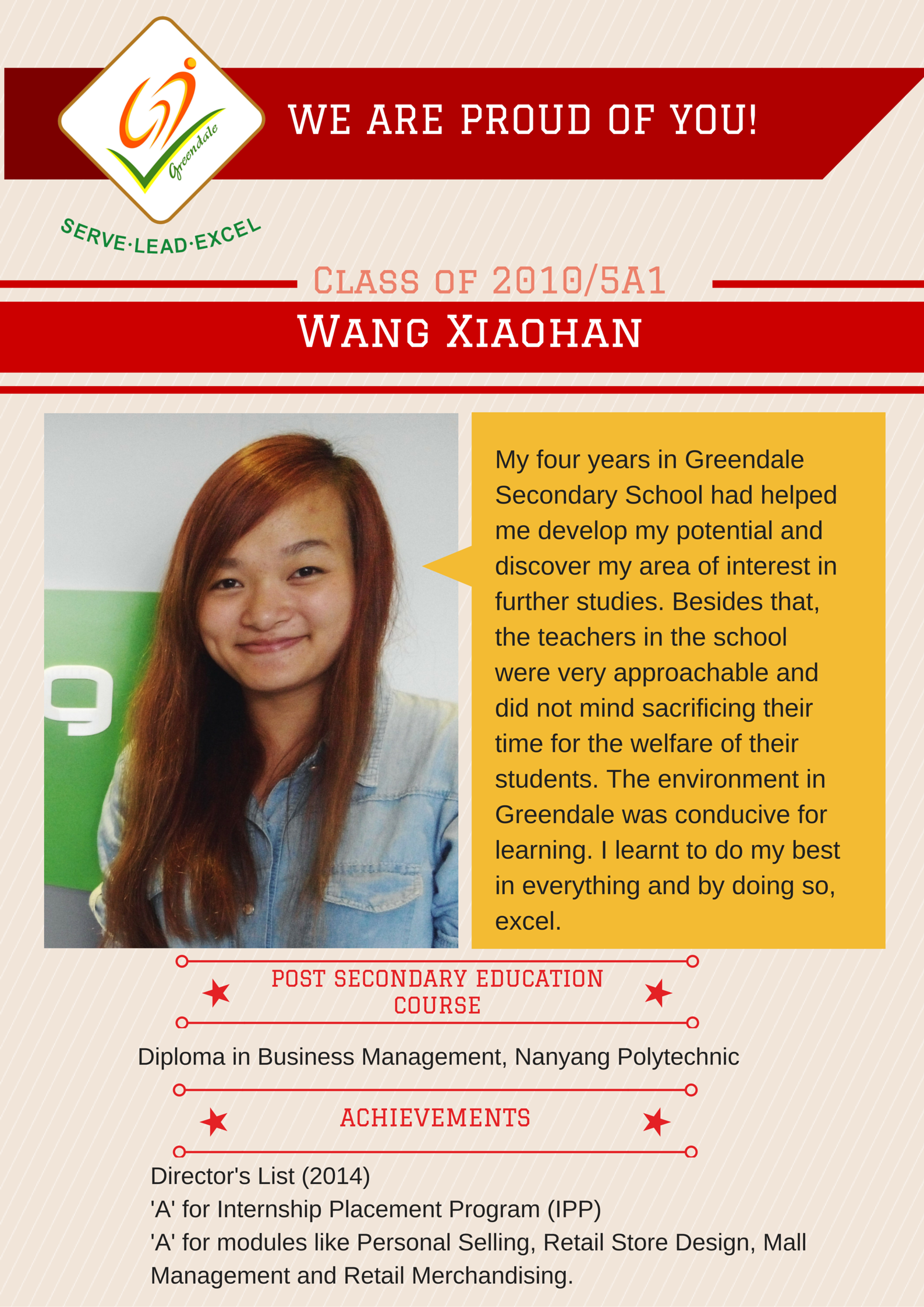 Greendale Secondary School pride card for Wang Xiaohan, Class 2010/5A1, featuring her photo and achievements.