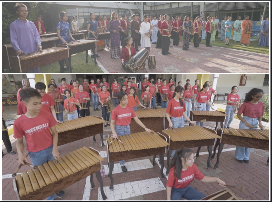 Students in red Greendale shirts perform outdoors with traditional xylophones and drums in two group scenes.