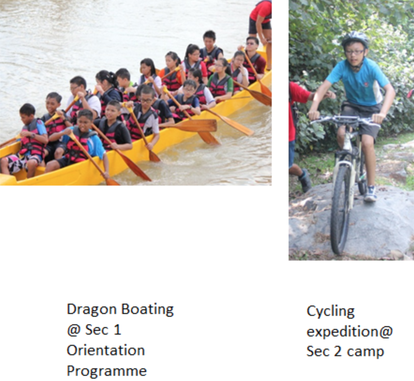 Students paddling a yellow dragon boat on water, and a helmeted boy riding a mountain bike on rocky terrain.